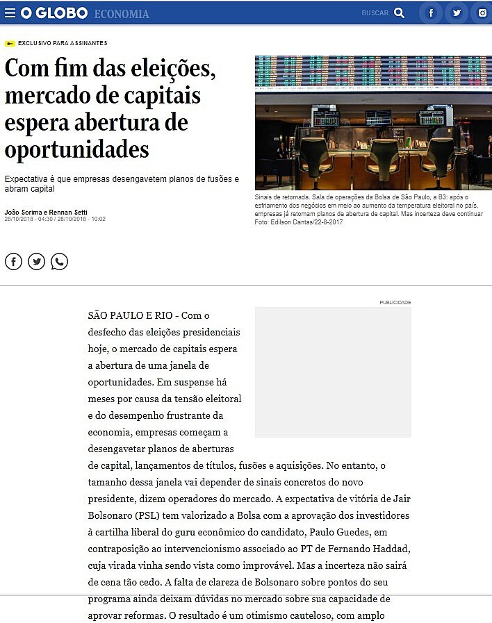 Com fim das eleies, mercado de capitais espera abertura de oportunidades